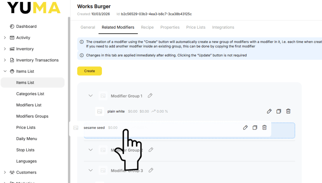 YumaPOS Knowledgebase BOM Items Related Modifier Group Drag n Drop