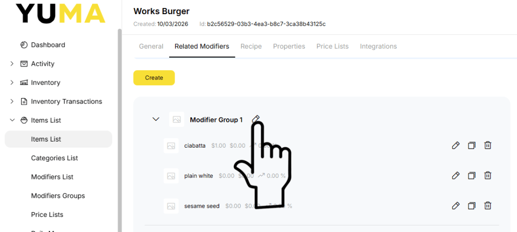 YumaPOS Knowledgebase BOM Items Related Modifier Group Edit Hand