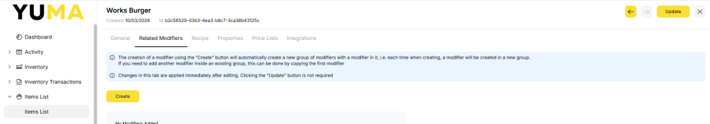 YumaPOS Knowledgebase BOM Items Related Modifier Tab