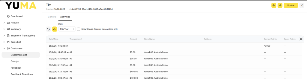 YumaPOS Knowledgebase BOM Customers Customers List Activities Tab