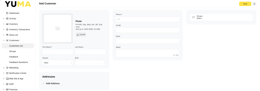 YumaPOS Knowledgebase BOM Customers Customers List Add New