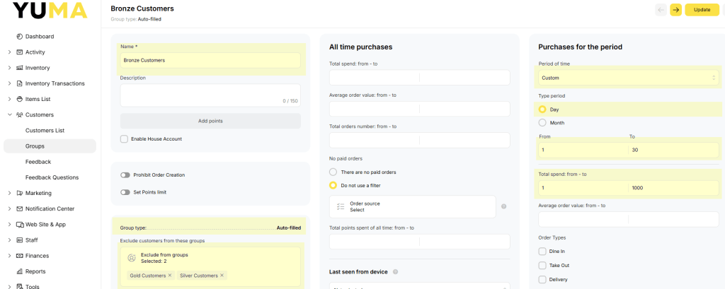 YumaPOS Knowledgebase BOM Customers Groups Add New Auto-Filled Multi-Level Bronze Example with Period and Exclusions