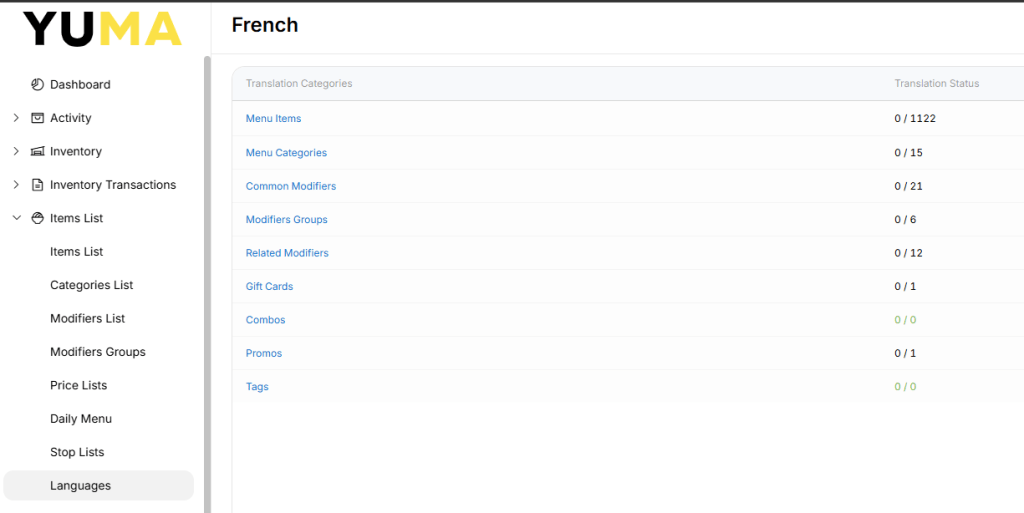 YumaPOS Knowledgebase BOM Items List Language Translation Categories